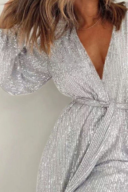 Full Size Sequin Surplice Tie Waist Long Sleeve Romper | 7 Colors | Poundton