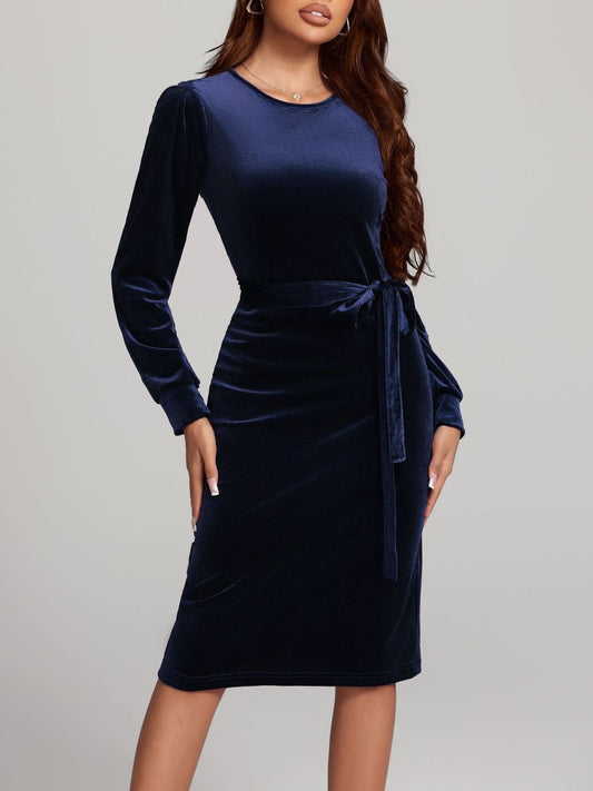 Round Neck Tie Waist Long Sleeve Velvet Dress | 4 Colors | Poundton