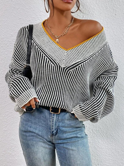 Ruby Striped V-Neck Long Sleeve Sweater | 2 Colors | Poundton