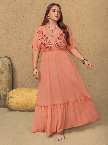 Frolic & Frill Embroidered V-Neck Half Sleeve Maxi Dress | Poundton