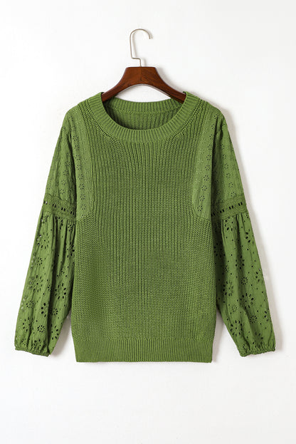 Eyelet Round Neck Drop Shoulder Sweater | Poundton