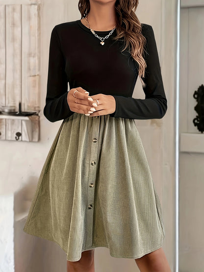 Contrast Round Neck Long Sleeve Dress Black - Poundton