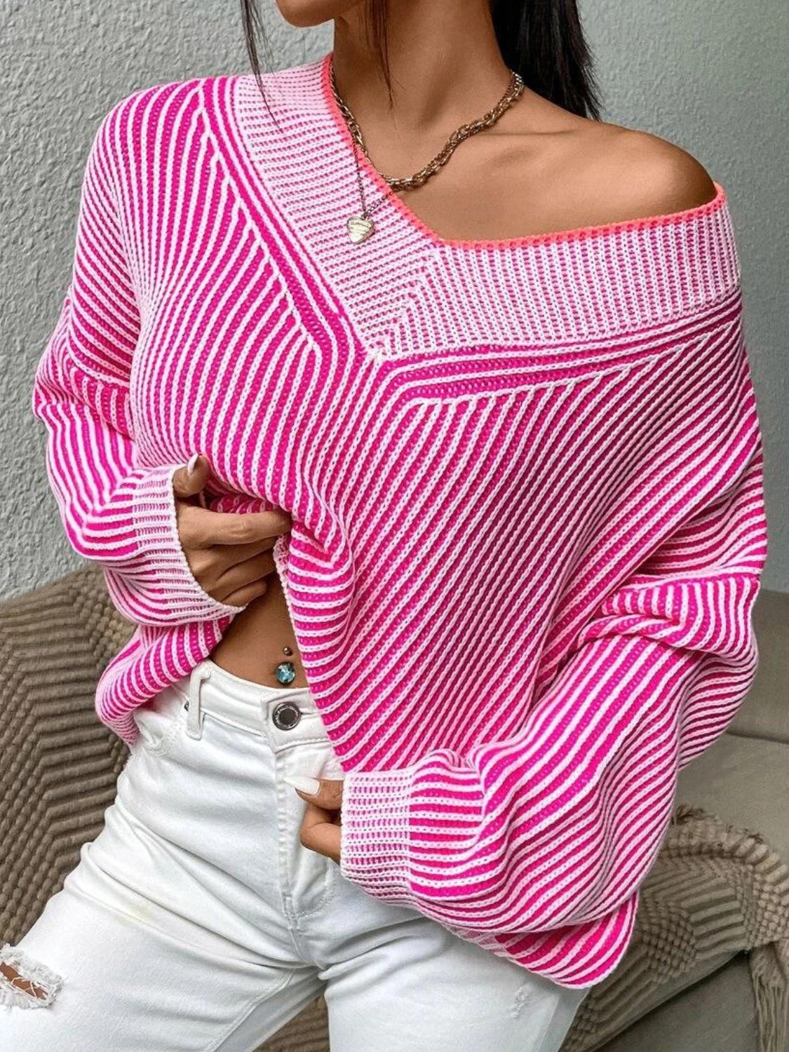 Ruby Striped V-Neck Long Sleeve Sweater | 2 Colors | Poundton