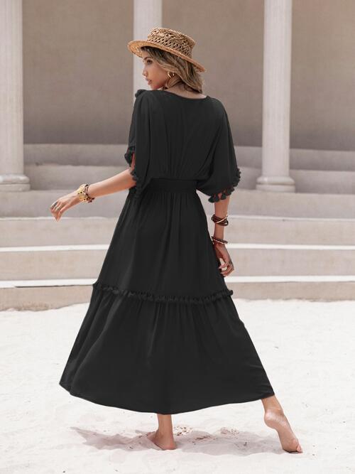 Tory Tassel Trim Smocked V-Neck Short Sleeve Dress | 6 Colors | Poundton
